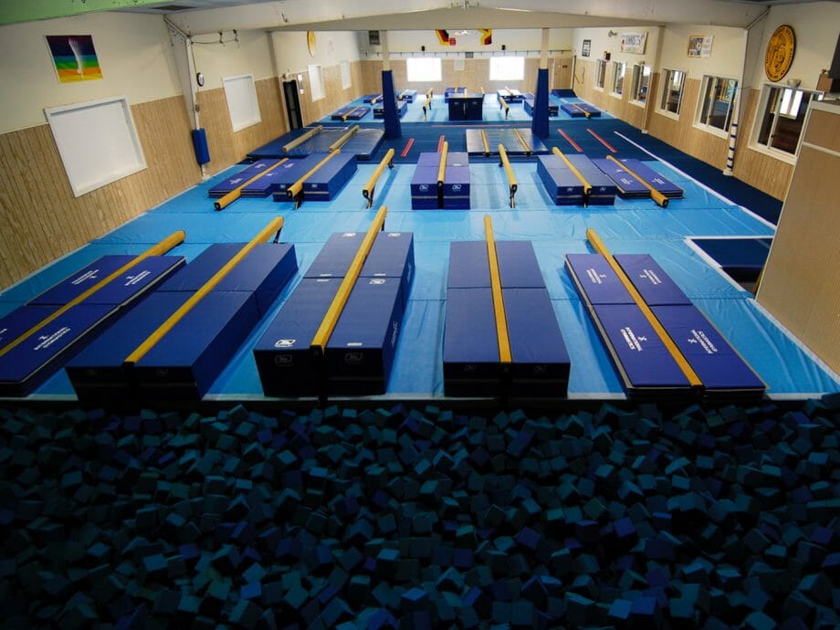 balance beam dismount area with foam pit